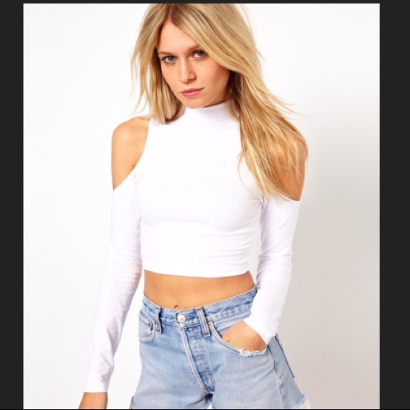 Bling Bling Tops - White Cold Shoulder Crop Top Long Sleeve